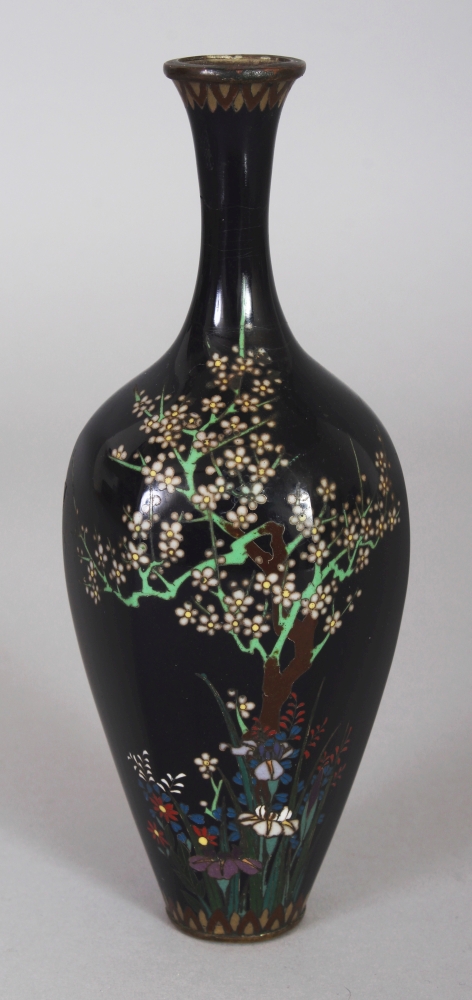 A SMALL GOOD QUALITY SIGNED JAPANESE MEIJI PERIOD HEXAGONAL SECTION BLACK GROUND CLOISONNE VASE, the