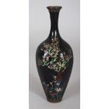 A SMALL GOOD QUALITY SIGNED JAPANESE MEIJI PERIOD HEXAGONAL SECTION BLACK GROUND CLOISONNE VASE, the