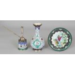 A GROUP OF THREE SMALL 20TH CENTURY PERSIAN ENAMELLED METAL ITEMS, comprising a baluster vase, a