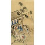 A 20TH CENTURY CHINESE FRAMED PAINTING ON SILK, depicting a family terrace scene, the frame 36in x
