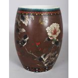 A JAPANESE TOTAI CLOISONNE ON PORCELAIN BARREL FORM JAR, circa 1900, the sides decorated with birds,