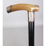 A HORN HANDLED WOOD WALKING STICK, with an engraved and hallmarked silver collar and a similar