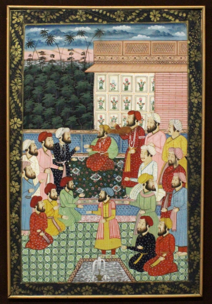 A SIMILAR LARGE 20TH CENTURY GILT FRAMED INDIAN PAINTING ON FABRIC, 37.75in x 28in.