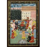 A SIMILAR LARGE 20TH CENTURY GILT FRAMED INDIAN PAINTING ON FABRIC, 37.75in x 28in.