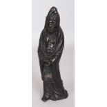 AN EARLY 20TH CENTURY JAPANESE BRONZED METAL STANDING FIGURE OF KWANNON, 7.6in high.