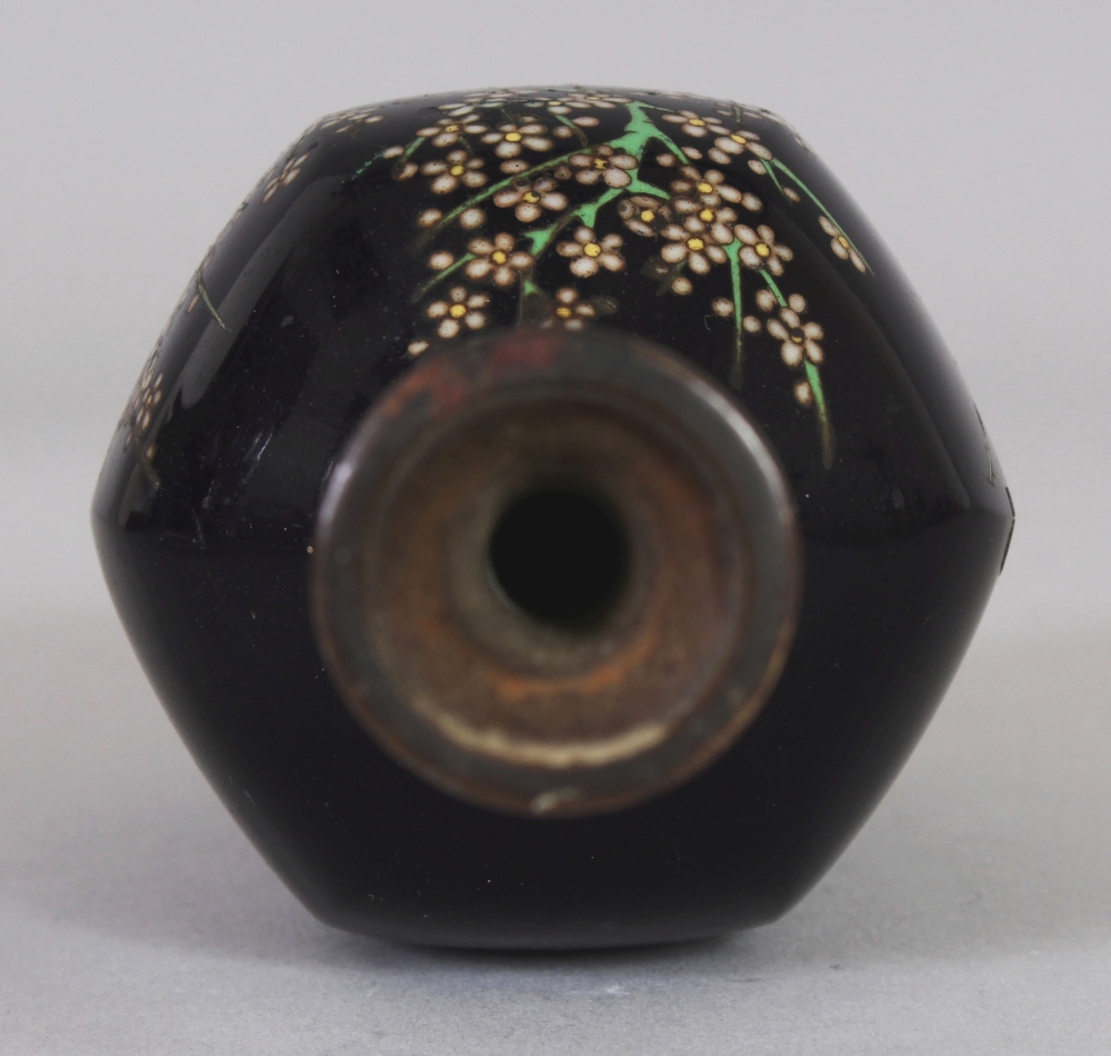 A SMALL GOOD QUALITY SIGNED JAPANESE MEIJI PERIOD HEXAGONAL SECTION BLACK GROUND CLOISONNE VASE, the - Image 6 of 8