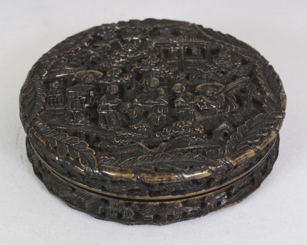 A 19TH CENTURY CHINESE CANTON TORTOISESHELL BOX & COVER, carved in relief with scenes of figures