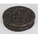 A 19TH CENTURY CHINESE CANTON TORTOISESHELL BOX & COVER, carved in relief with scenes of figures