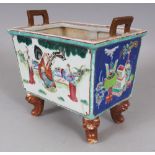 AN UNUSUAL 19TH CENTURY CHINESE FAMILLE ROSE RECTANGULAR PORCELAIN CENSER, painted with the Fu Lu