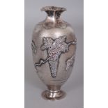 A SMALL EARLY 20TH CENTURY SIGNED JAPANESE ENAMELLED SILVER VASE, weighing approx. 103gm, the