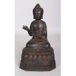 A GOOD QUALITY SINO-TIBETAN BRONZE FIGURE OF BUDDHA, seated in dhyanasana on a double lotus