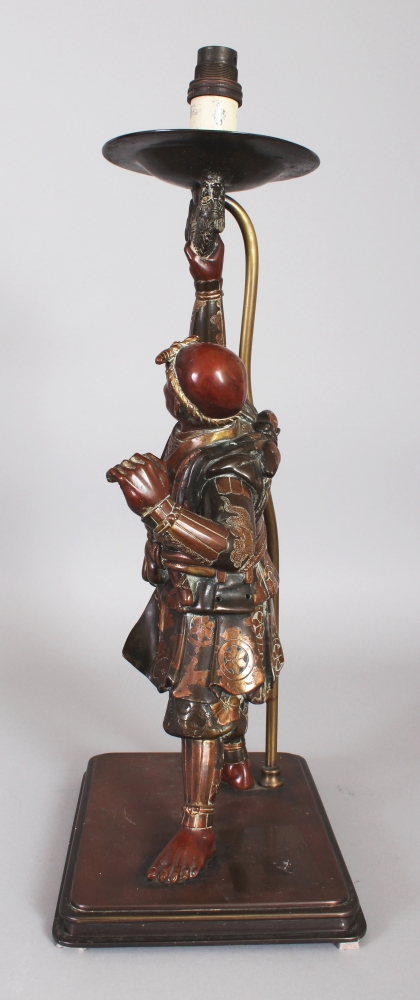 A GOOD LARGE JAPANESE MEIJI PERIOD MIYAO STYLE BRONZE MODEL OF A SAMURAI, fitted for electricity, - Image 4 of 6