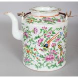 A 19TH CENTURY CHINESE CANTON CYLINDRICAL PORCELAIN TEAPOT & COVER, 5.2in diameter at base & 6.3in