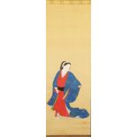 A 19TH/20TH CENTURY JAPANESE HANGING SCROLL PAINTING ON SILK OF A BIJIN, the painting itself approx.