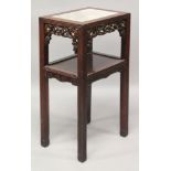 AN EARLY 20TH CENTURY CHINESE GREY MARBLE TOP & MOTHER-OF-PEARL INLAID RECTANGULAR STAND, with a