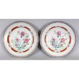 A PAIR OF 18TH CENTURY CHINESE QIANLONG PERIOD FAMILLE ROSE PORCELAIN SOUP PLATES, each painted to