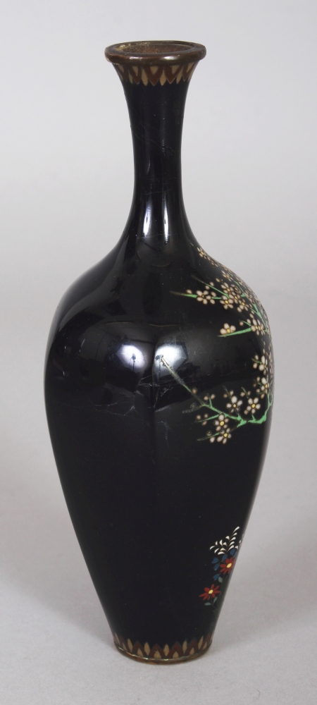 A SMALL GOOD QUALITY SIGNED JAPANESE MEIJI PERIOD HEXAGONAL SECTION BLACK GROUND CLOISONNE VASE, the - Image 2 of 8