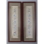 A MIRROR PAIR OF EARLY 20TH CENTURY FRAMED CHINESE EMBROIDERED SILK SLEEVE PANELS, each decorated in