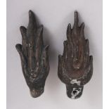 TWO SMALL THAI FLAME HEADDRESS FINIALS, one bronze and the other wood, each 2.3in high. (3)