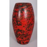 AN UNUSUAL 20TH CENTURY JAPANESE LACQUERED METAL RED GROUND ART VASE, the base with a gilt