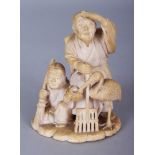 A SIGNED JAPANESE MEIJI PERIOD IVORY OKIMONO OF AN ELDERLY COUPLE, in the company of a stork, the