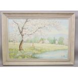 A LARGE FRAMED & SIGNED CHINESE EUROPEAN STYLE OIL PAINTING, depicting a riverside scene, the