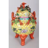 A GOOD QUALITY EARLY 20TH CENTURY CHINESE YELLOW GROUND FAMILLE ROSE PORCELAIN DRAGON CENSER &