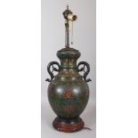 AN EARLY 20TH CENTURY JAPANESE CHAMPLEVE & BRONZE VASE, fitted for electricity, 27in high overall,
