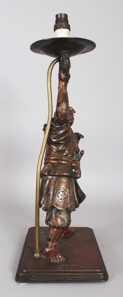 A GOOD LARGE JAPANESE MEIJI PERIOD MIYAO STYLE BRONZE MODEL OF A SAMURAI, fitted for electricity, - Image 2 of 6