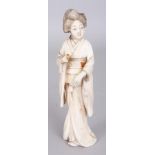 A SIGNED JAPANESE MEIJI PERIOD IVORY OKIMONO OF A STANDING GEISHA, the base with an engraved