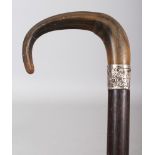 A HORN HANDLED WOOD WALKING STICK, with an embossed silver-metal collar, the horn possibly