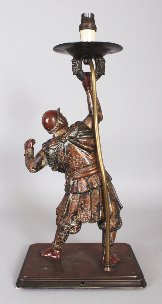 A GOOD LARGE JAPANESE MEIJI PERIOD MIYAO STYLE BRONZE MODEL OF A SAMURAI, fitted for electricity, - Image 3 of 6