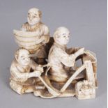 A SIGNED JAPANESE MEIJI PERIOD IVORY OKIMONO OF A GROUP OF THREE ROPE MAKERS, working in the company