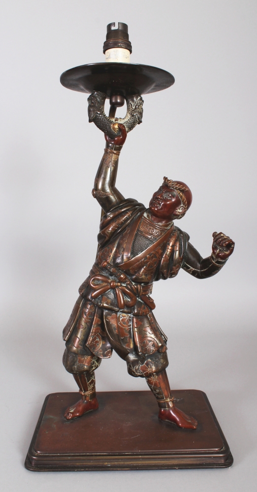 A GOOD LARGE JAPANESE MEIJI PERIOD MIYAO STYLE BRONZE MODEL OF A SAMURAI, fitted for electricity,