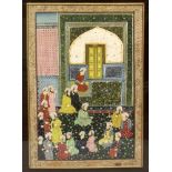 A LARGE 20TH CENTURY GILT FRAMED INDIAN PAINTING ON FABRIC, of a court assembly of kneeling figures,