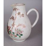 AN 18TH CENTURY CHINESE FAMILLE ROSE SPARROW BEAK PORCELAIN JUG, painted with a peacock in a