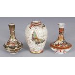 A GROUP OF THREE EARLY 20TH CENTURY JAPANESE MINIATURE SATSUMA EARTHENWARE VASES, each base with a