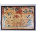 A FRAMED 19TH CENTURY CHINESE ORANGE GROUND SILK EMBROIDERY, decorated in satin stitch with a deer