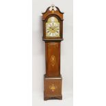 AN EDWARDIAN MAHOGANY LONGCASE CLOCK, with eight-day movement, brass arch dial with silvered chapter