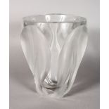 A LARGE HEAVY LALIQUE MOULDED AND FROSTED VASE. Signed Lalique, France. 10ins high.