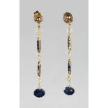 A PAIR OF YELLOW GOLD ART DECO STYLE EARRINGS set with enamel and sapphire drops.