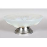 A JULIEN OPALESCENT CIRCULAR GLASS COMPORT, with four panels of roses on a chrome pedestal base.