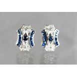 A PAIR OF 9ct GOLD SAPPHIRE AND DIAMOND ART DECO STYLE EARRINGS.