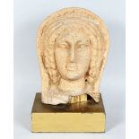 A TERRACOTTA BUST OF A YOUNG LADY, with her head in a shroud, on a plinth base. Bust: 10ins high.