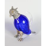 A SMALL BLUE GLASS AND PLATED PARAKEET CLARET JUG,