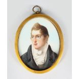 A SMALL OVAL MINIATURE OF A GENTLEMAN wearing white cravat and black coat. 2ins x 1.75ins, framed