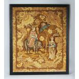A PAIR OF 19TH CENTURY PETIT POINT NEEDLEWORK PICTURES, one depicting a woman on an elephant with