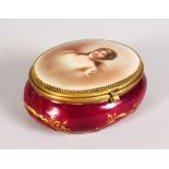 A CONTINENTAL PORCELAIN OVAL BOX AND COVER, the lid with a portrait of a lady. 5ins x 3.5ins.