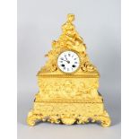 A 19TH CENTURY FRENCH GILT METAL BRONZE CLOCK with enamel dial, eight day movement, surmounted by