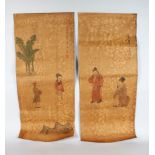 TWO CHINESE SCROLL PICTURES, decorated with figures. 3ft 3ins long.